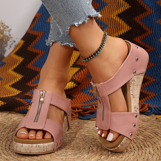 Damen Wedge-Sandalen mit praktischem Reißverschluss und hochwertigem Kork-Design EB