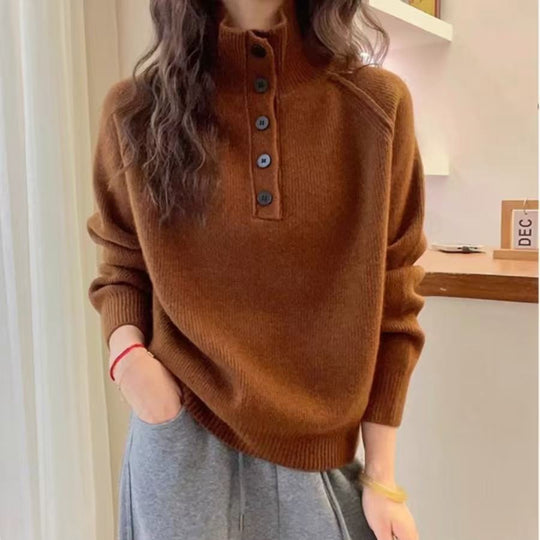 Damen Strickpullover mit Stehkragen und Knopfdetails EB