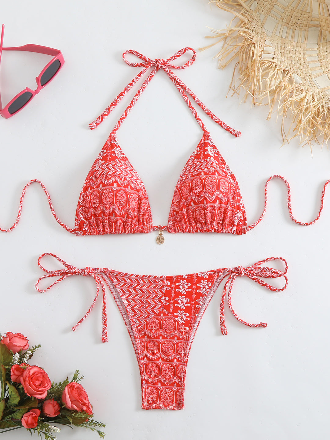 Damen Triangel-Bikini mit liebevollem Blumenmuster und verstellbaren Trägern EB