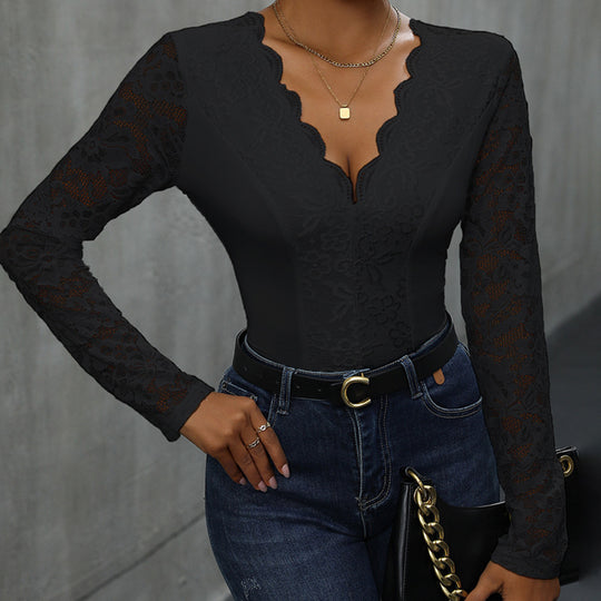 Damen Spitze Bodysuit mit V-Ausschnitt und langen Ärmeln EB