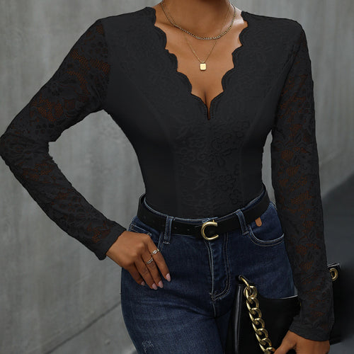 Damen Spitze Bodysuit mit V-Ausschnitt und langen Ärmeln EB