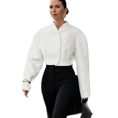 Damen Modische kurze Jacke mit voluminösen Ärmeln und hochgeschichtetem Kragen EB