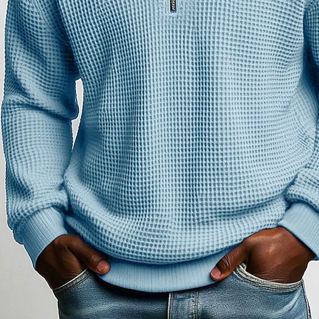 Herren nan strukturierter Waffelstrick-Pullover mit Polokragen und kurzem Reißverschluss EB