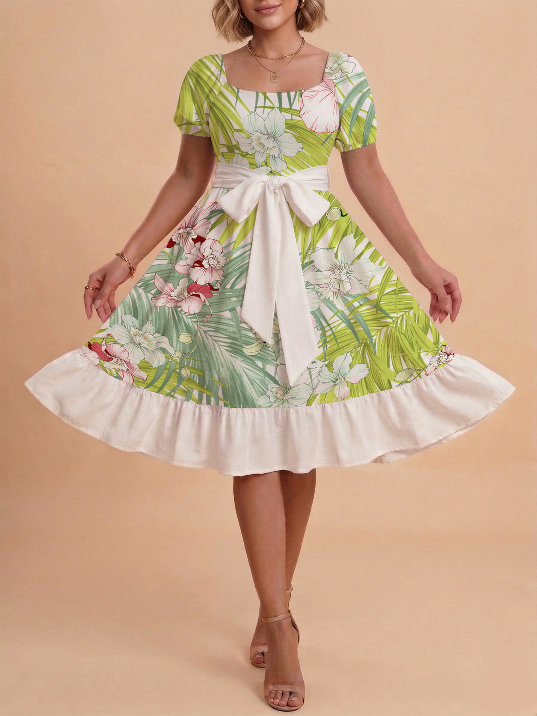 Damen A-Linien-Kleid mit floralen Motiven und taillierbarem Gürtel EB