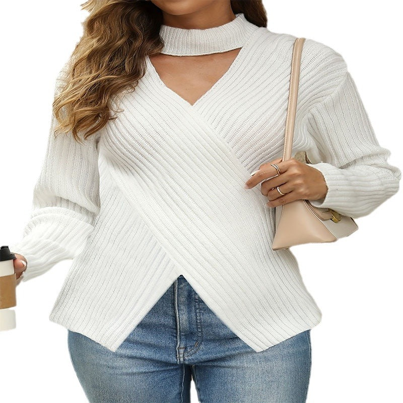 Damen modischer Strickpullover mit asymmetrischem Ausschnitt und Neckholder EB