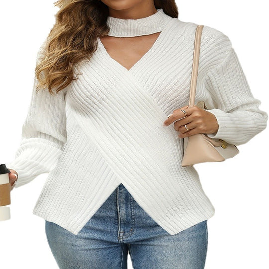 Damen modischer Strickpullover mit asymmetrischem Ausschnitt und Neckholder EB