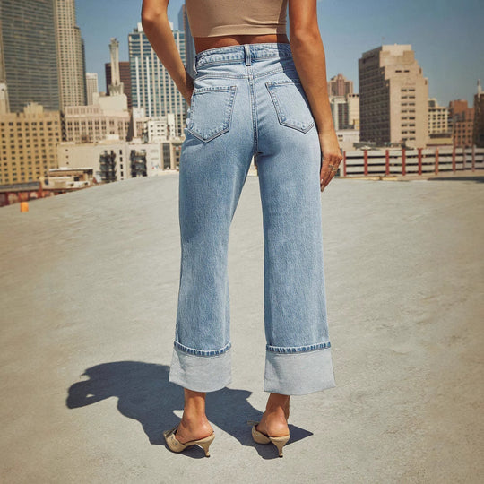 Damen nan hochgeschnittene Culotte-Jeans mit breitem Umschlag und geradem Bein EB
