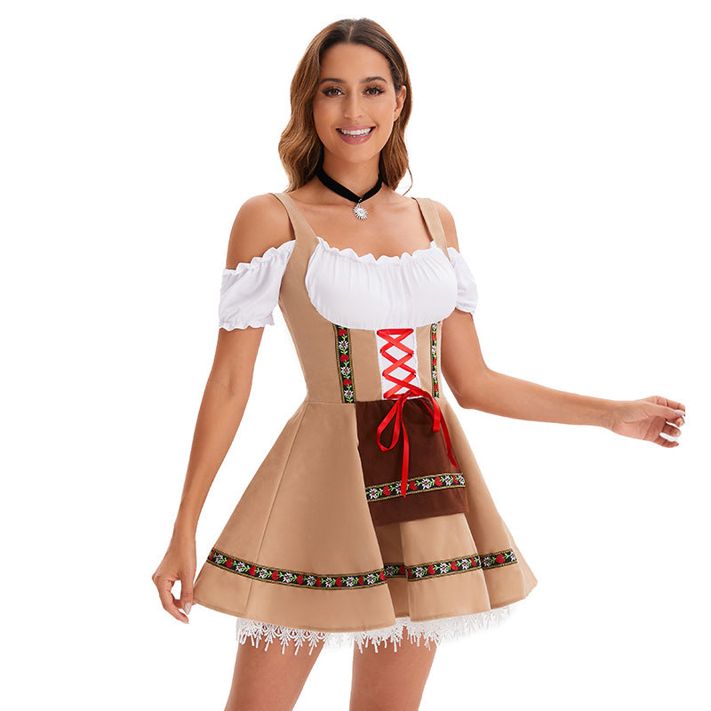 Damen nan traditionelles Oktoberfest Dirndl Minikleid mit Schnürung und abnehmbarer Schürze EB