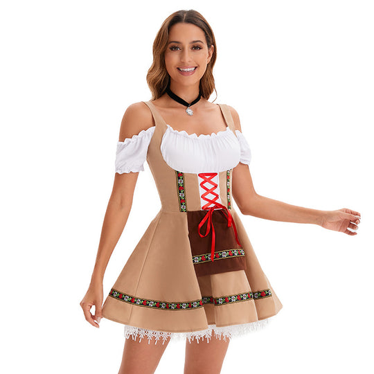 Damen nan traditionelles Oktoberfest Dirndl Minikleid mit Schnürung und abnehmbarer Schürze EB