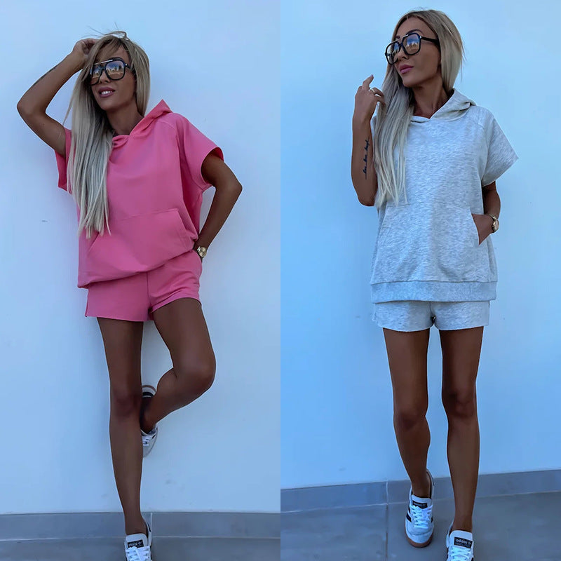 Damen lässiges Shorts- und Kurzarm-Hoodie Set aus atmungsaktivem Material EB
