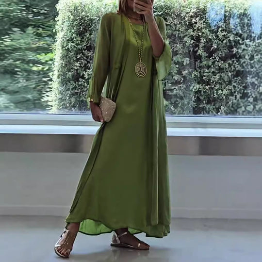 Damen nan doppellagiges Abendmaxikleid mit transparentem Überwurf, geschmeidigem Innenkleid, Taillenbändern und Trompetenärmeln EB