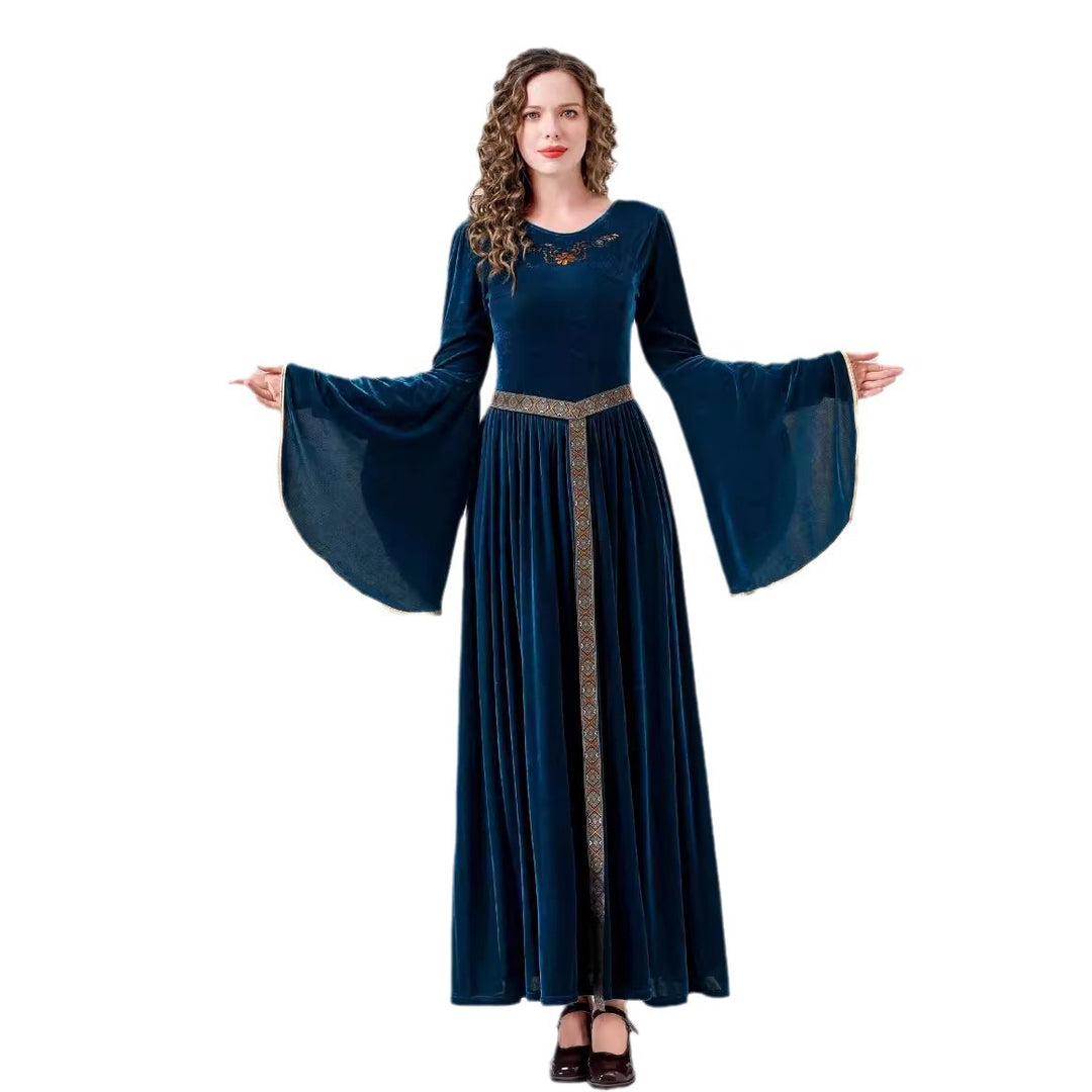 Damen elegantes Samtkleid mit Weitem Ärmel und Ziergürtel EB