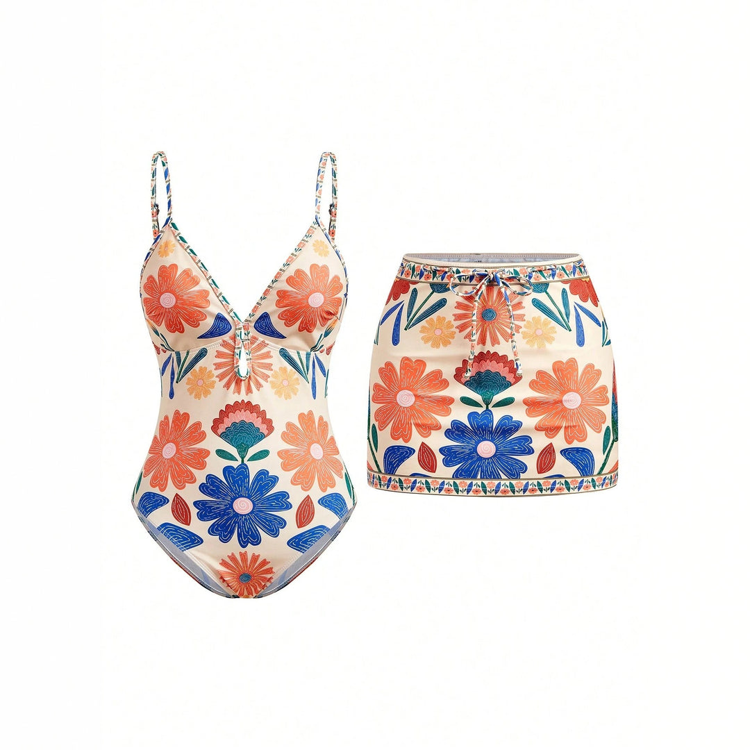 Damen Blumenmuster Badeanzug mit passendem Rock EB