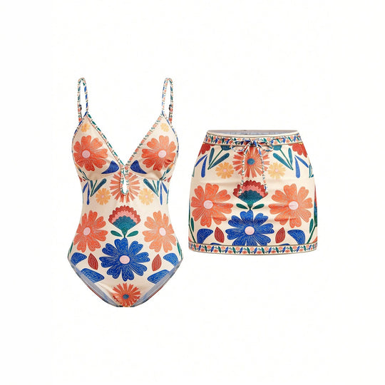 Damen Blumenmuster Badeanzug mit passendem Rock EB