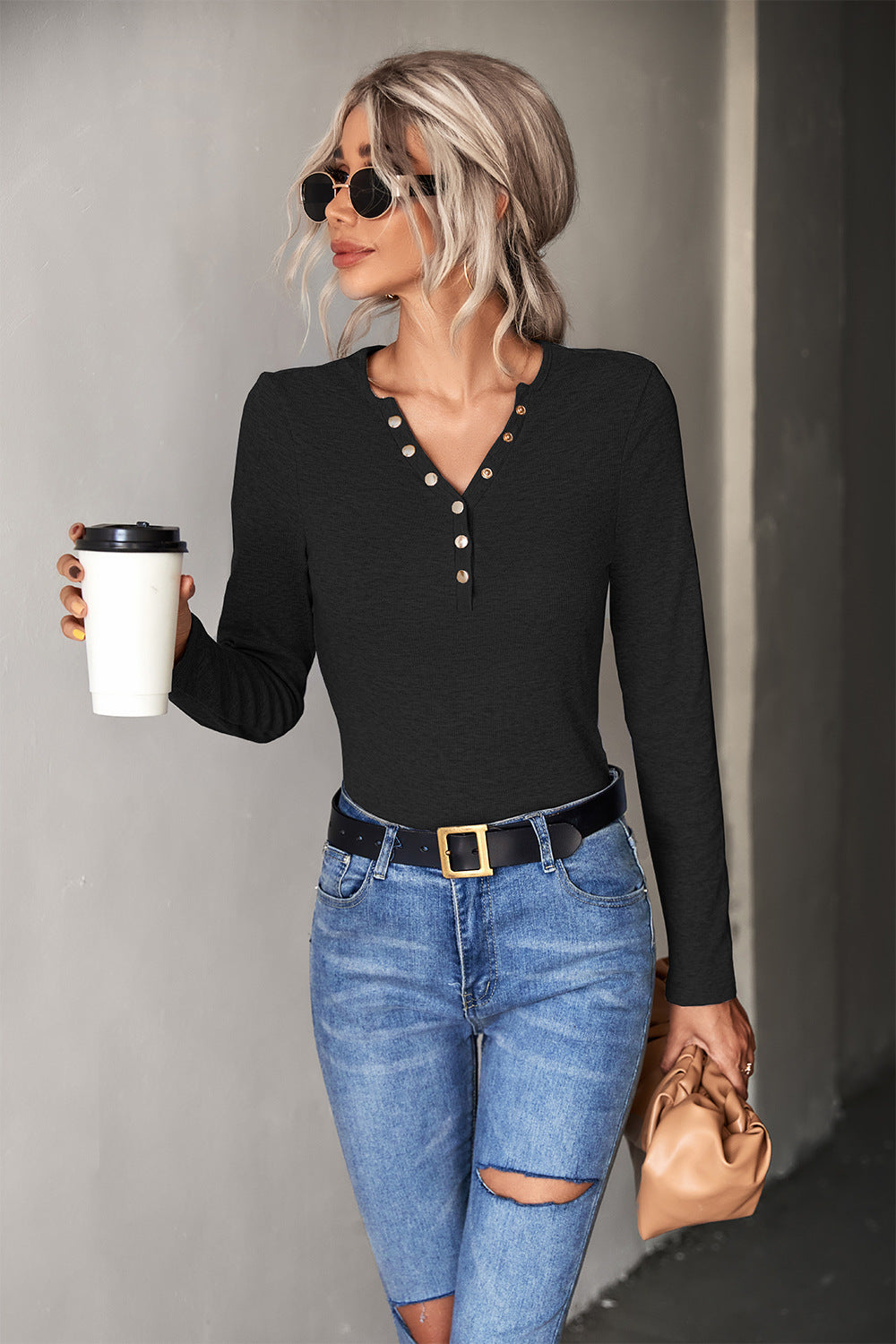 Damen Langarmshirt mit modischer Knopfleiste EB