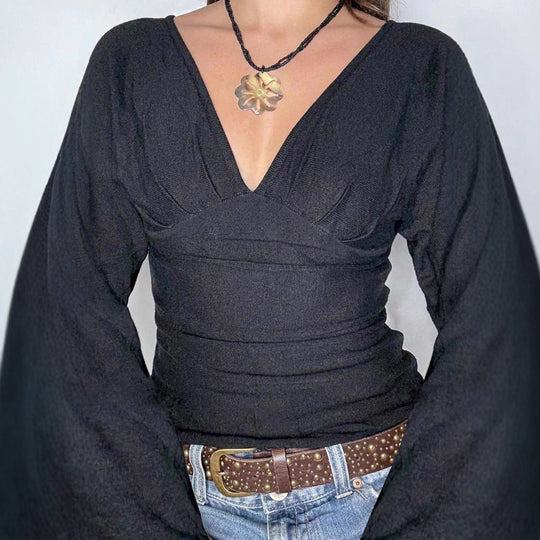 Damen nan figurbetontes Langarm-Top mit tiefem V-Ausschnitt, Nackenband zum Binden und taillierter Silhouette EB