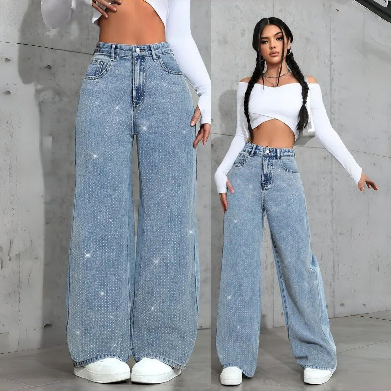 Damen Elegante High-Waist Jeans im weiten Schnitt mit glitzerndem Detail EB
