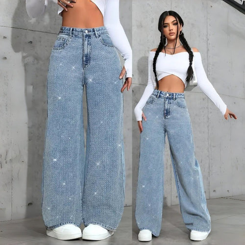 Damen Elegante High-Waist Jeans im weiten Schnitt mit glitzerndem Detail EB