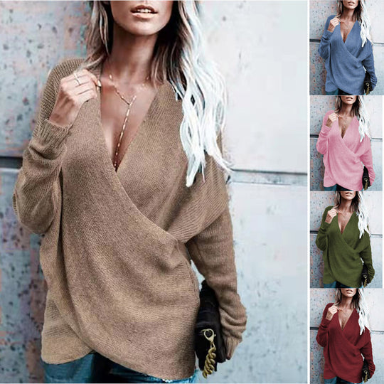 Damen Wickelpullover mit tiefem V-Ausschnitt und lockerer Passform EB