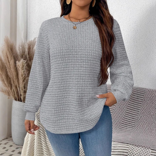 Damen nan Waffelstrick Longsleeve mit Rundhalsausschnitt, leicht A-Linien-Schnitt und gerippten Bündchen EB