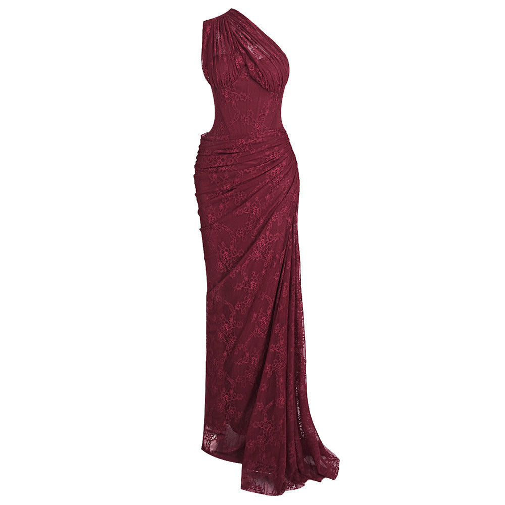 Damen elegantes Abendkleid mit asymmetrischem One-Shoulder-Design und floralem Spitzenbesatz EB