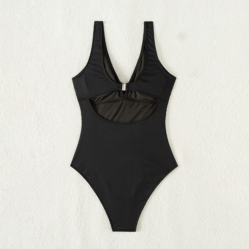 Damen Eleganter Einteiler Badeanzug mit modischem Raffung und tiefem V-Ausschnitt EB