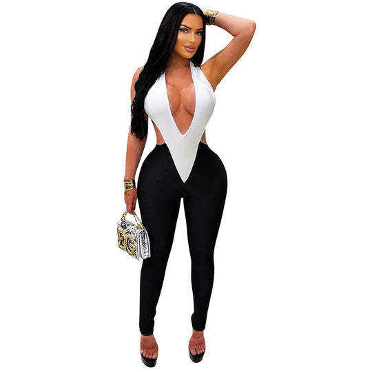 Damen Eleganter und figurbetonter Jumpsuit mit tiefem V-Ausschnitt und seitlichen Cut-Outs EB