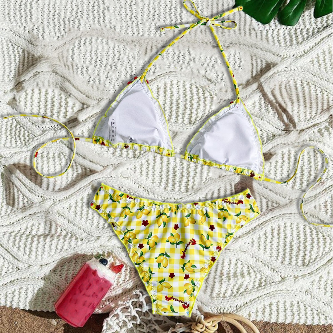 Damen Triangel Bikini mit frischem Karomuster und kontrastierenden Schleifen EB