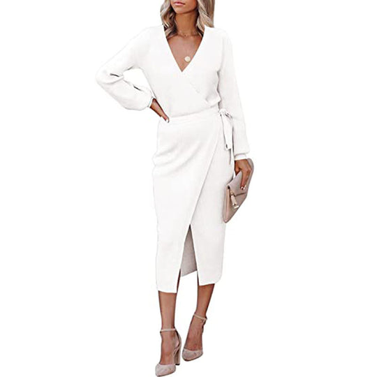 Damen elegantes Wickelkleid mit langem Arm und schickem V-Ausschnitt EB
