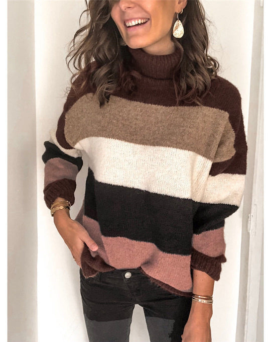 Damen modischer Strickpullover mit hohem Kragen und breitem Streifenmuster EB