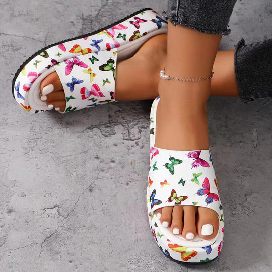 Damen Plateau-Pantoletten mit buntem Schmetterling-Print EB