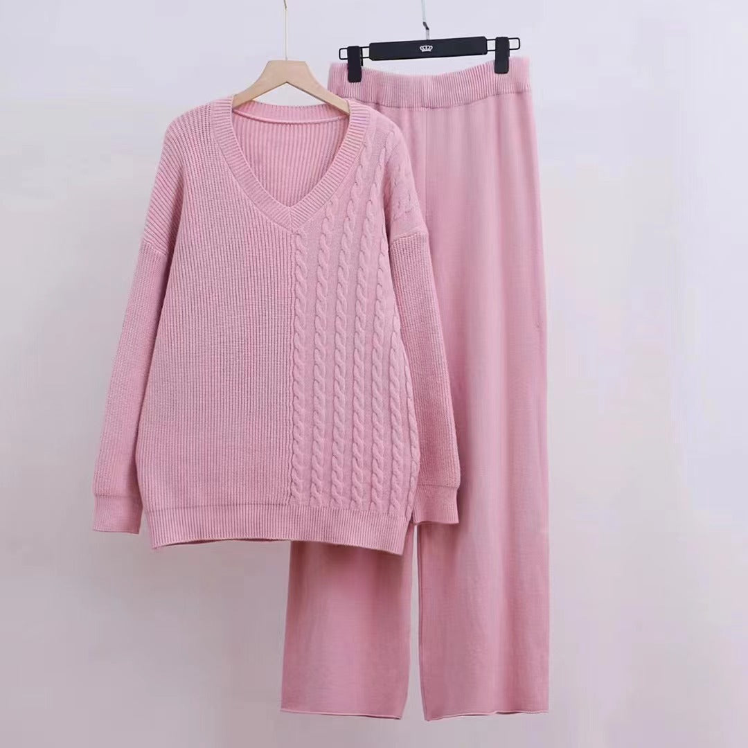 Damen Kuscheliges Strickensemble mit V-Ausschnitt und weitem Bein EB