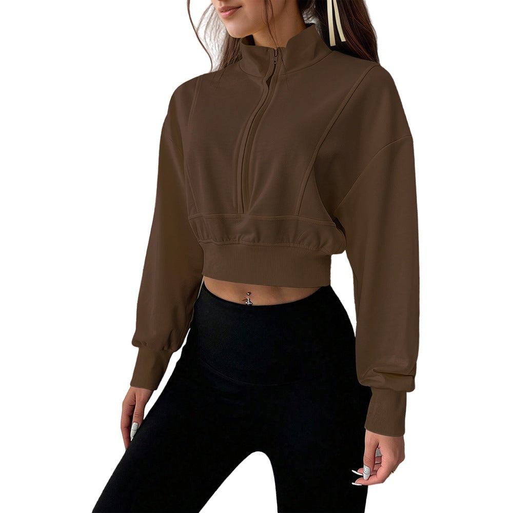 Damen kurzes Stehkragen-Sweatshirt mit halbem Reißverschluss, tailliertem Rippenbund und Daumenloch-Ärmeln Eichborn Berlin