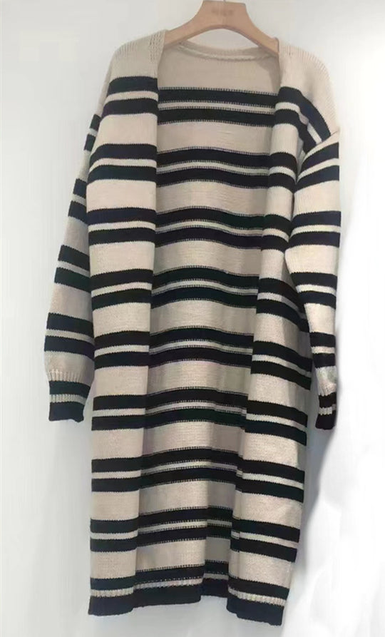 Damen Langer Strickcardigan mit modernen Streifen und lässigem Schnitt EB