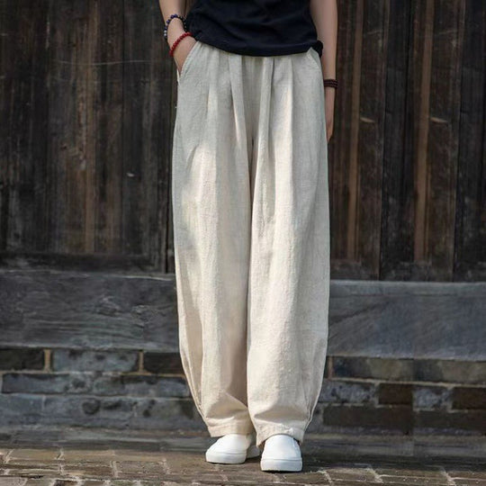 Damen weite Leinenhose mit elastischem Bund und seitlichen Taschen EB