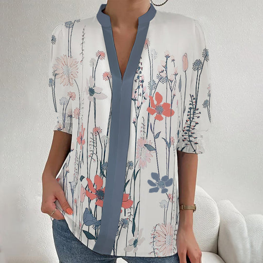 Damen Blumenprint Tunika-Bluse mit Stehkragen, geschlitzter V‑Blende und gerafften 3/4-Ärmeln EB