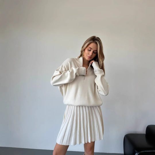 Damen gemütliches Strick-Set mit Reißverschluss-Pullover und plissiertem Rock EB