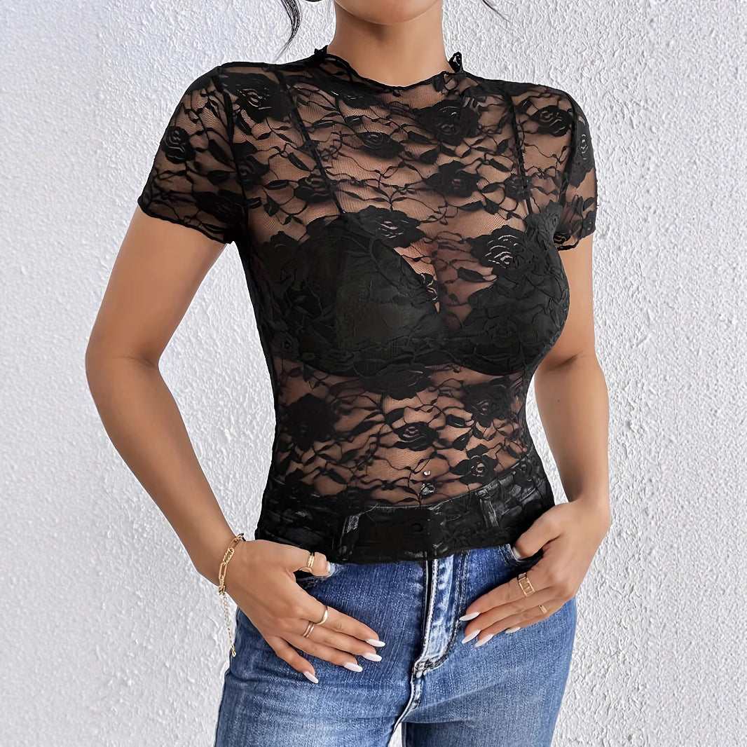 Damen nan kurzes Spitzenoberteil mit floraler Ajour-Spitze, Stehkragen und eingearbeitetem Bustier EB