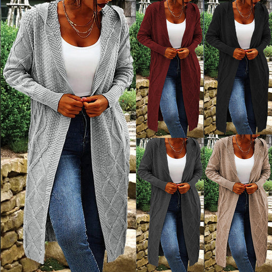 Damen Strickmantel mit gehäkeltem Zopfdesign und offenem Schnitt EB