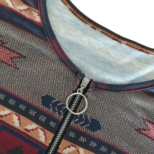 Damen modisches Kurzarm-Oberteil mit dekorativem Zipper und tribalisiertem Design EB