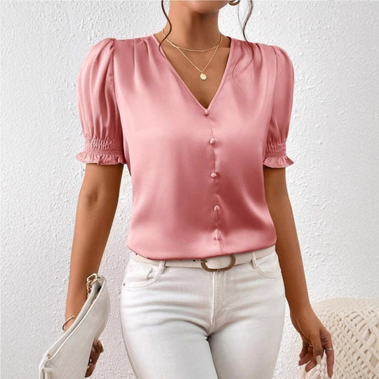 Damen Satinbluse mit Puffärmeln und eleganter Knopfleiste EB