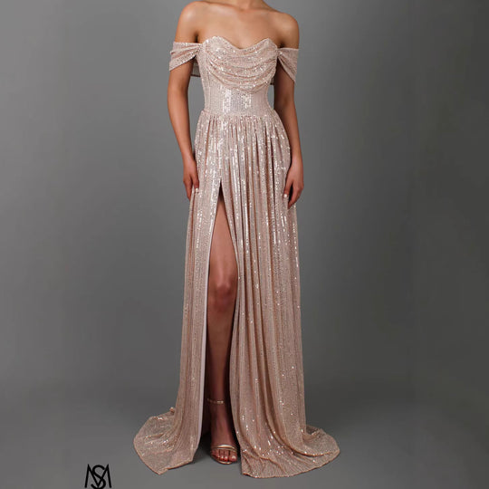 Damen Glitzerndes und schulterfreies Abendkleid mit tiefem Schlitz EB