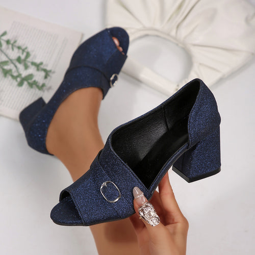 Damen Peep-Toe Pumps mit funkelndem Design und komfortablem Blockabsatz EB