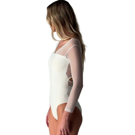 Damen Eleganter Body mit transparenten Ärmeln EB