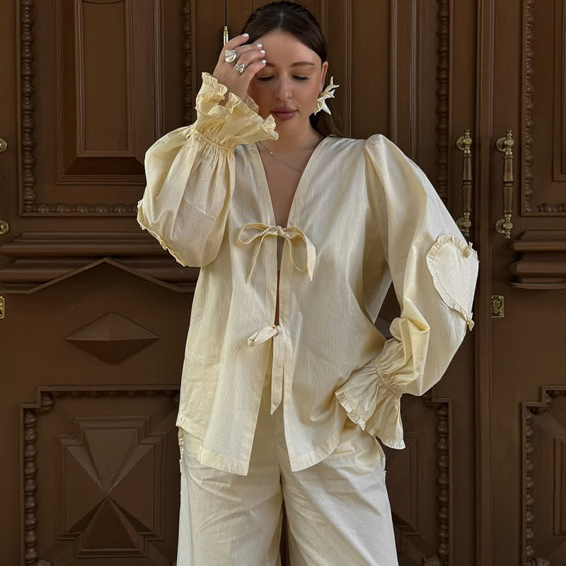 Damen lässige Loungewear-Kombination mit voluminösen Ärmeln EB