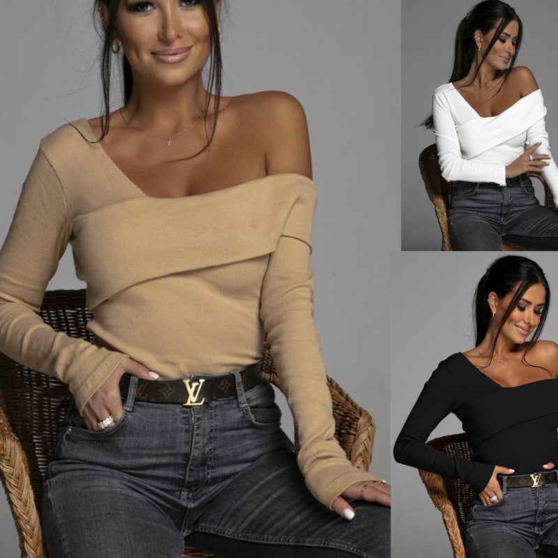 Damen Off-Shoulder Langarmshirt mit dekorativem Wickeldetail EB