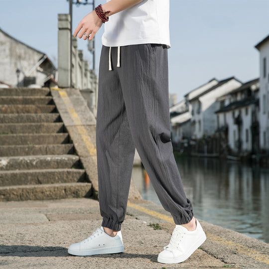 Herren nan tapered Leinen-Baumwoll-Jogger mit Kordelzug, elastischem Knöchelbündchen und schlanker Silhouette EB
