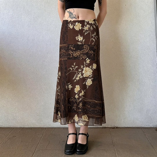 Damen Maxi-Rock mit floralem Design und transparenter Chiffon-Überlage EB