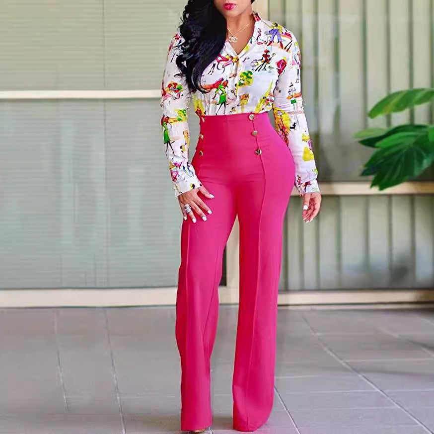 Damen Hochtaillierte Palazzo-Hose mit goldenen Knöpfen EB