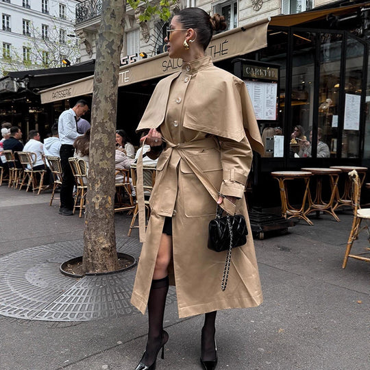 Damen eleganter Trenchcoat mit asymmetrischem Umhang EB